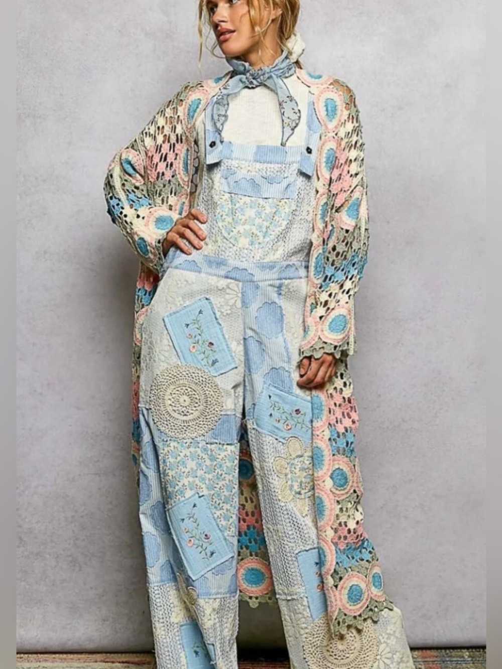 Pol Crochet Open-Front Long Cardigan Coatigan in Pastel Multi